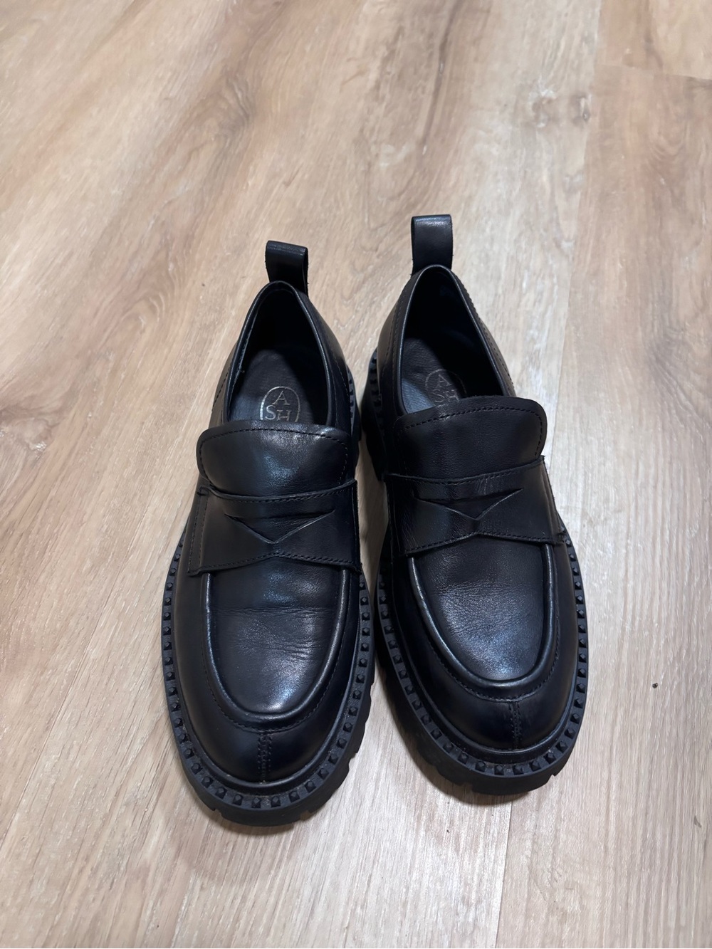 Ash Black Leather Slip-On Loafers with Chunky Studded Sole size 37